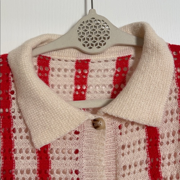 Striped Button Down Collared Knit Cardigan in Red and Cream - Picture 3 of 8